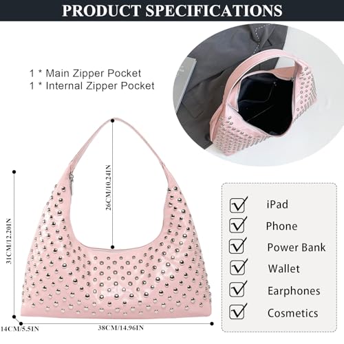 Studded Purse Black Shoulder Bag Y2K Purses for Women Soft Leather Hobo Rivet Handbag4