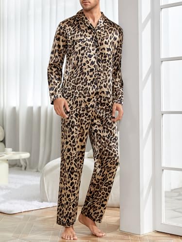 WDIRARA Men's Satin Leopard Lapel Neck Button Down Long Sleeve Top and Pants 2 Piece Pajama Set4
