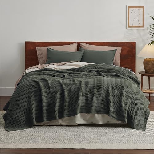 Image of Bedsure 100% Cotton Blanket Full Size for Bed - Cooling Breathable and Soft for Summer, Thick Cozy Waffle Weave Blanket Gifts for Women, Olive Green, 80x90 Inches