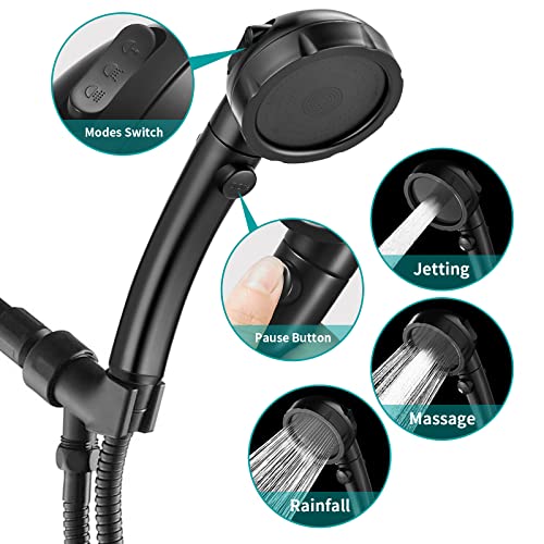 Miaohui Modern Handheld Shower Head With On Off Switch, High Pressure Shower Head With Handheld, 3 Spray Settings Removable Shower Head With Hose, Angle Adjustable Shower Bracket, Teflon Tape (Black) #TOP1