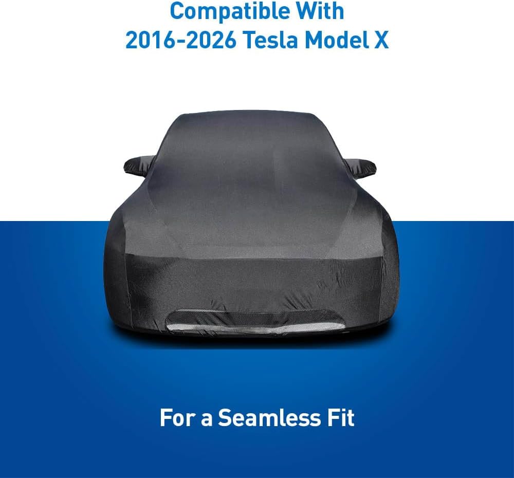 Custom Indoor Stretch Car Cover Compatible with 2016-2026 Tesla Model X, Black, Includes Storage Bag - Soft Satin, Breathable, Dust Protection