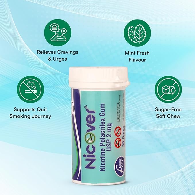 Image of Nicotine Polacrilex Gum USP 2mg - Sugar Free | Helps Quit Smoking, Tobacco & Gutka Chewing | 30 Gums Pack (Pack of 2)