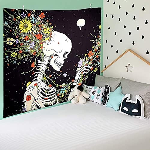 Yordawn Skull Tapestry Wall Art Wall Tapestry Meditation Skeleton and Fantastic Flowers Pattern Tapestry for Bedroom Aesthetic Wall Hanging Decoration Living Room Kitchen Bedroom Decor 150x200CM
