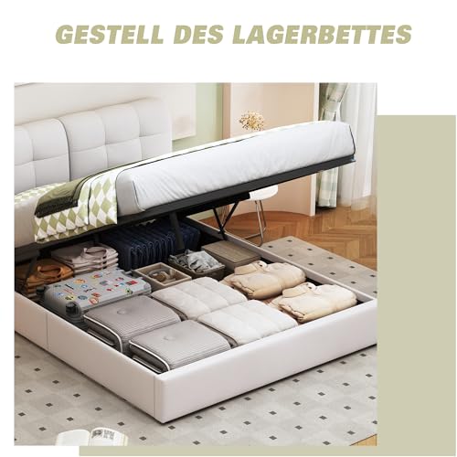 LONELYO Bett mit Bettkasten, 140 x 200 cm, mit LED RGB 7 Farben & Hydrauliksystem – Samt, hellbeige, gepolstert, geräumige Aufbewahrung & Lattenrost – modernes Design