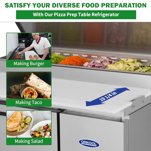 Image of Commercial Pizza Prep Table,44 inch Workspace with a Built-in Refrigerator 11 Cu.Ft and Cutting Board and Protection Lid,Cold Storage,ETL Certified,6 Pans Up for Restaurant,Bar,Shop,Silver