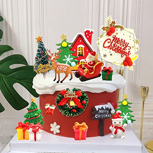 22Pcs Christmas Cake Topper Merry Christmas Cake Decorations Christmas Cupcake Toppers With Craft Christmas Tree Mini Santa Sleigh Reindeer, Snowman Cake Decoration And Xmas Party Miniature Ornaments #TOP4