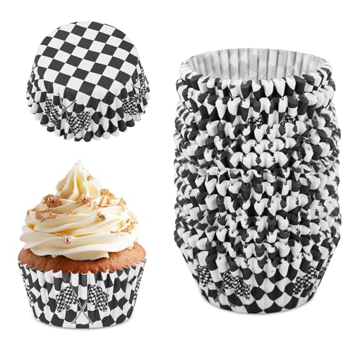 300 Pirottini per Cupcake a Tema Auto da Corsa, Pirottini per Cupcake a Scacchi Bianchi e Neri con Tema Auto da Corsa Decorazioni Feste di Compleanno e Presentazione di Dessert