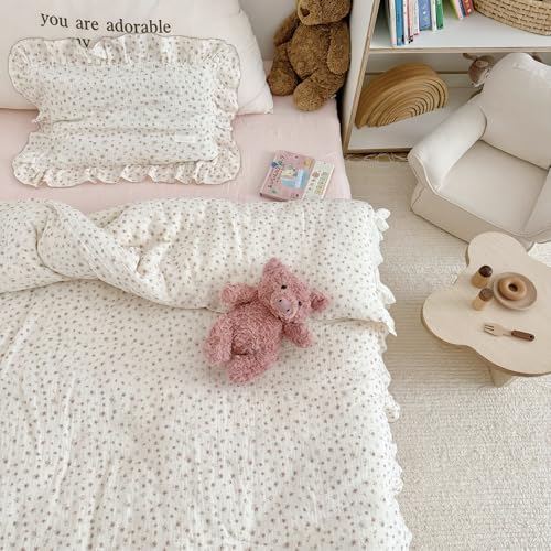 Image of VM VOUGEMARKET 3 Pieces Full Cream Duvet Cover Set Ruffled,Girls Double-Layer Cotton Gauze Duvet Cover with Floral Pattern,Zipper Closure & Corner Ties,80 inchx90 inch