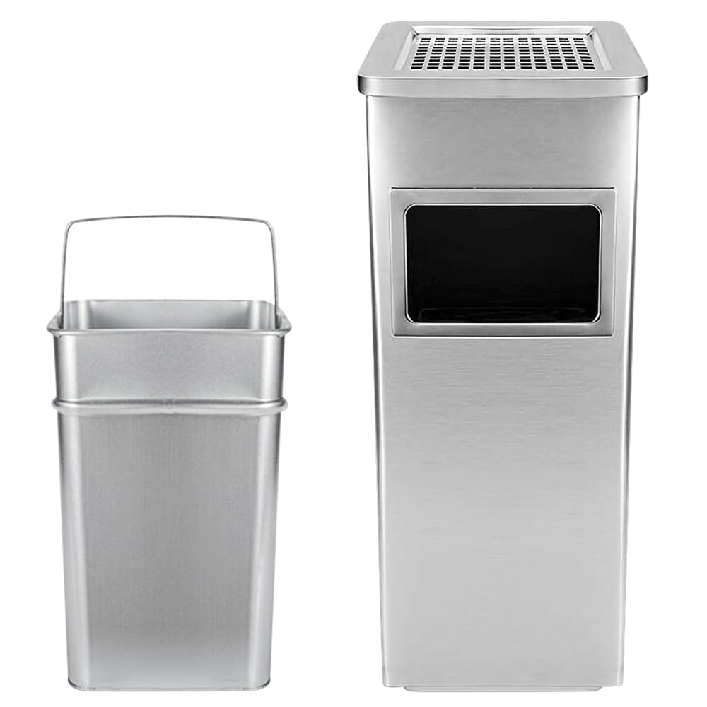 Pattumiera in acciaio inox cestino pattumiera a pedale contenitore rifiuti, Pattumiera in Acciaio Inox con Portacenere per Esterni, Posacenere da Pavimento-24 * 24 * 60 cm 35 L-Argento (2 PZ)
