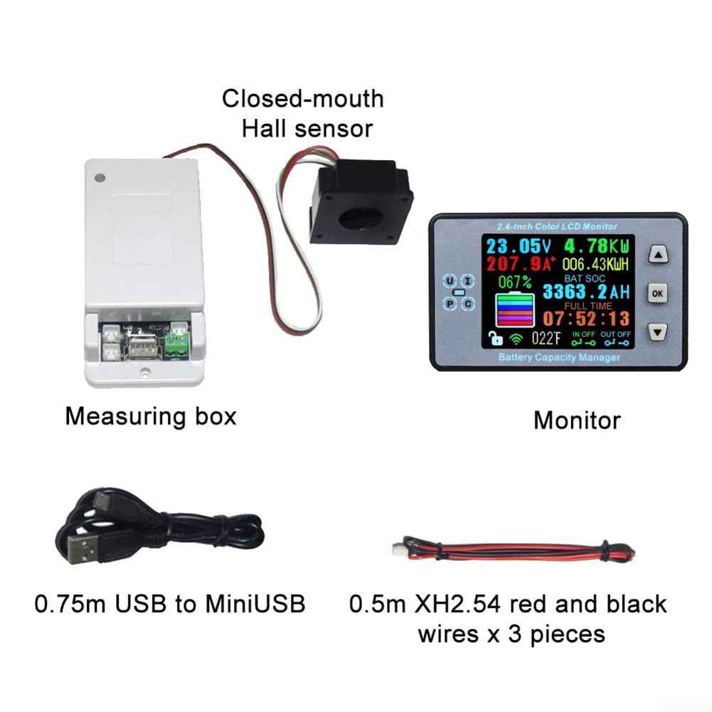Kabelloses Batteriemessgerät für DC 12V-80V Systeme, 100A Hall-Sensor, Spannung/Strom/Ah/SOC/Temp/KWH Display, kein Shunt erforderlich, einfache zerstörungsfreie Installation