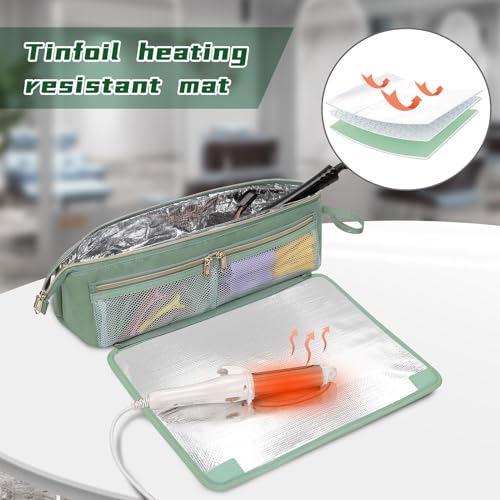 Ethereal-2-in-1-Hair-Tools-Travel-Bag-and-Tinfoil-Heat-Resistant-Mat-for-Flat-Irons-Straighteners-Curling-Iron-and-Haircare-Accessories-Hot-Hair-Styling-Tool-Organizer-with-Pockets-Green