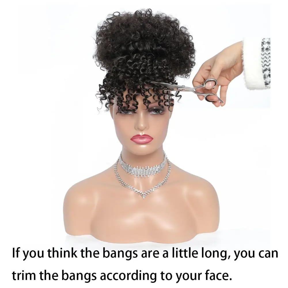 sztuczne włosy kok Syntetyczny krótki, kręcony kucyk ze ściągaczem i grzywką, doczepiany Afro High Puff Hair Bun Hairpiece Akcesoria do włosów(1BTgrey)