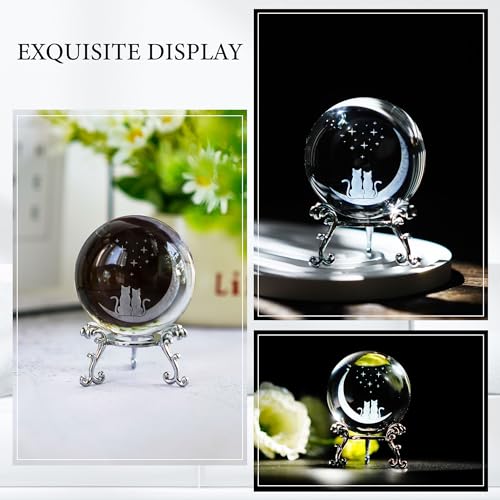 ZEERSHEE 60mm(2.3inch) Cats & Moon Crystal Ball Paperweight with Stand Base Glass Sphere Home Decor Gifts for Cat Lovers - Image 2
