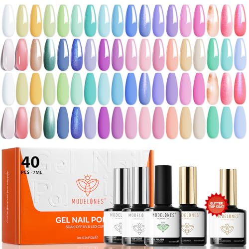 Image of modelones 40 Pcs Gel Nail Polish Kit, 36 Colors 2026 Summer Spring Candy Pastel Gel Polish Set Soak Off LED Soft Light Purple Pink Blue Yellow Green with Base Coat& Matte Glitter Glossy Top Coat