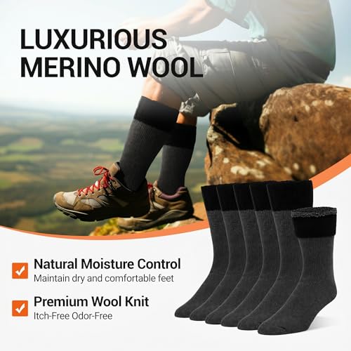 Image of Alvada Mens Merino Wool Crew Socks Thermal and Warm Socks for Winter Work Hiking Running 3 Pairs