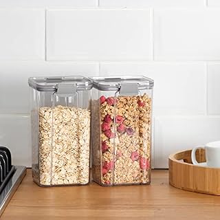 LIVIVO 2pc Stacking Airtight Food Storage Containers Set Space-Saving Tubs for Organising Cereals, Pasta, Rice Lunch Snack Box Kitchen BPA Free Kitchen Organiser (1300ml)