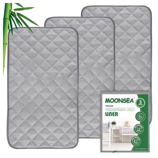 Moonsea Changing Pad Liners Waterproof Bamboo Terry Quilted with Non-Slip Back, 3 Pack Extra Thick Large Size 14"x 27" Changing Pad Liners Grey Washable, Reusable Changing Mats Sheet Protector