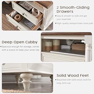 T4TREAM 24 Farmhouse End Table w4 Solid Wood Feet Large 2 Drawers Wide Sofa Side Table with Charging Station Tall Rustic Wood Square Nightstand for Living Room Bedroom Office Antique White