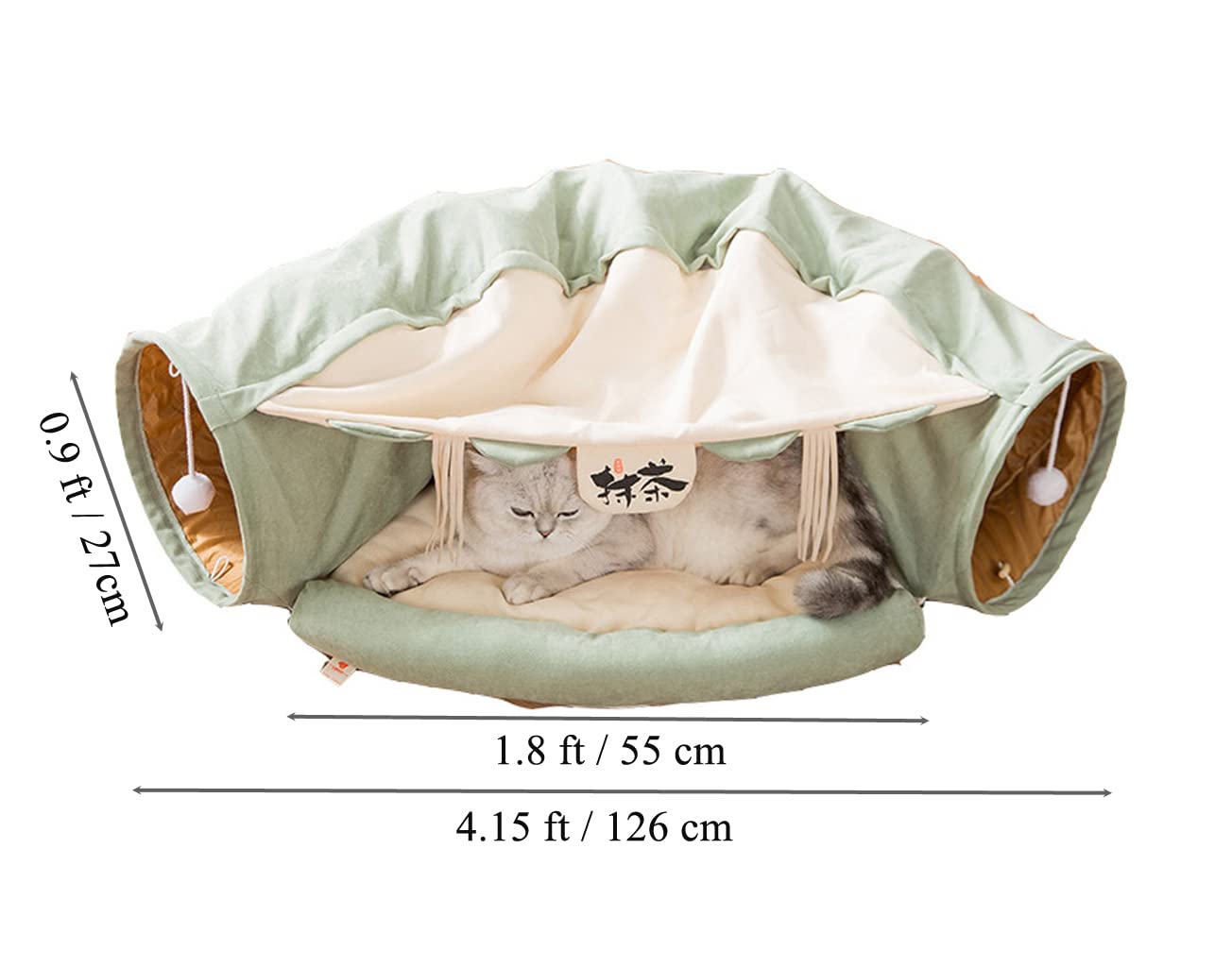 2 in 1 Katzentunnel Bettschlauch mit Kissen und Plüschball Spielzeug Spielplatz Knistern zusammenklappbar für große Katzen Kätzchen Kitty Welpe Kleine Hunde Faltbar Weiches Haustier Spielbett Indoor