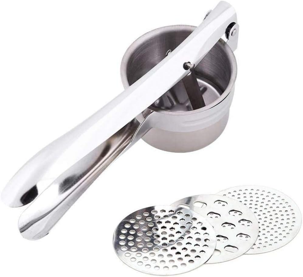 Potato Press, Potato Masher Press Chopper Made of 304 Stainless Steel with 3 Filter Mesh, Spaetzle Press for Mashed Potatoes, Fruit Juices, Vegetable Puree, 27 X 10 X 9.5 cm