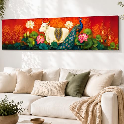 Image of Modern Pichwai Kamdhenu Cow Stretched Canvas Wall Art Painting for Living Room, Horizontal Pichwai Peacock Canvas Wall Decor For Livingroom, Bedroom, Office, Hallway's, Hotel 12x46 Inch