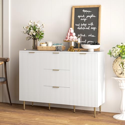 HOMCOM Sideboard, 2-Door Kitchen Storage Cabinet with 3 Drawers and Adjustable Shelves, Buffet Cabinet with Metal Legs for Dining Room, White - Image 2