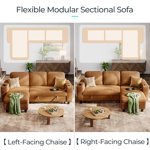 Image of LINSY HOME Sectional Sleeper Sofa with Storage Chaise & USB Charging, Convertible Pull Out Couch Bed Plush Corduroy Modular Sectional Couches for Living Room Apartment (Brown)