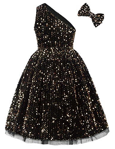 GRACE KARIN Girls Sequin Dress One Shoulder Wedding Party Gown with Hair Bow 5-12Y