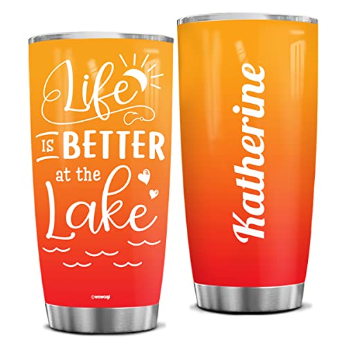 wowcugi Life Is Better At The Lake Tumbler Personalized Cups With Lid Stainless Steel Insulated Tumblers Coffee Travel Mug 20oz 30oz Lake Beach Gifts For Women Men Boaters Summer Vacation