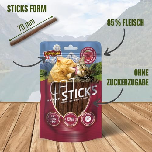DeliBest Cat Sticks aus 85% Schweizer Rindfleisch I Katzen Leckerlies getreidefrei I halbfeuchte Leckerlies in Stickform I Katzensnack ohne künstliche Zusatzstoffe I Allergiker geeignet I 50g