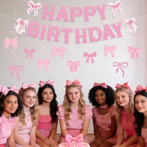 Image of Pink Bow Birthday Decorations - Happy Birthday Banner & Garland with 10 Pink Bows for Girls' Coquette Parties