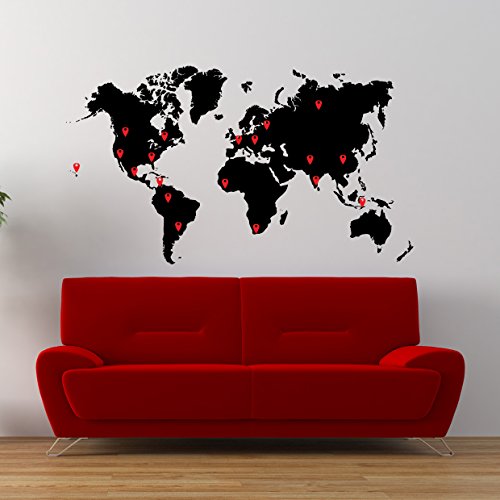 Large World Map With Pin Drops Wall Decal Sticker - Black Map W/Red, Black, White & Grey Pins, 60In X 100In. Easy To Apply & Removable #TOP1