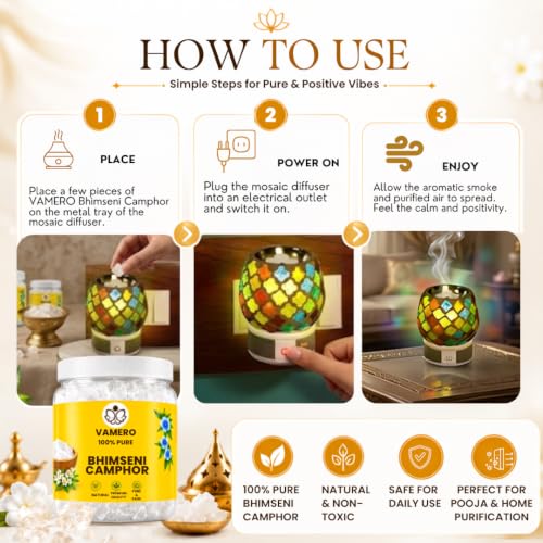 Image of VAMERO Pure Bhimseni Camphor Kapoor Jar (200g) - Pack of 1, Purifying & Pleasant Fragrance for Pooja, Hawan, Air Freshener, Meditation, Diwali Lights, Diffuser - 200 Grams