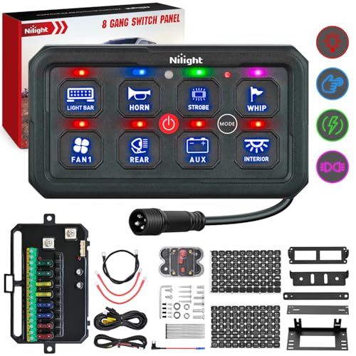 Image of Nilight 8 Gang Switch Panel Blue 12V 24V Circuit Control System 4-Mode | Fuse Wiring Harness Automatic Dimmable LED Pod Toggle /Momentary /Strobe /Flash Modes for Car Pickup Truck Camper SUV