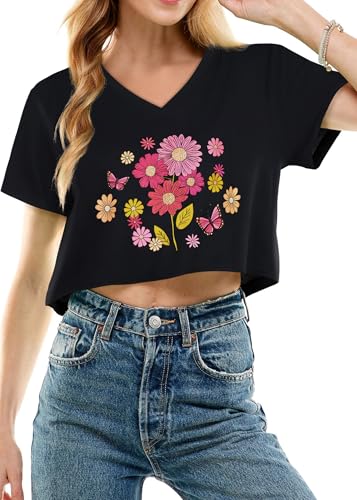 Image of Womens Crop Tops Short Sleeve V Neck Summer Cropped T Shirts Baisc Tees