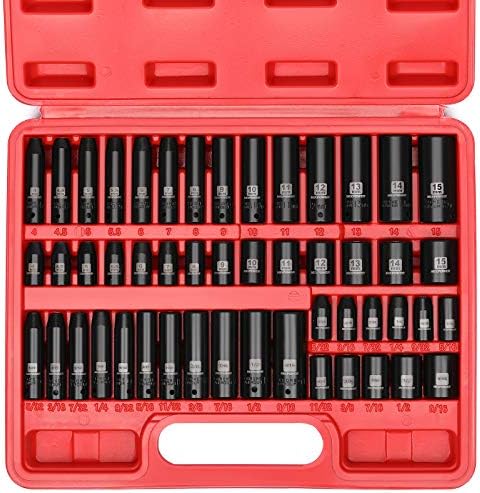 MIXPOWER 50 Pieces 1/4" Dr. Impact Socket Set, CR-V, 6 Point, SAE/Metric, 5/32 Inch - 9/16 Inch, 4mm - 15mm, Shallow/Deep