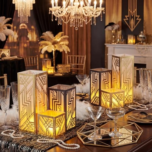 Image of Rossesay 24 Pcs Roaring 20s Centerpieces for Table 3 Size Speakeasy Black and Gold 1920s Birthday Party Decor Lighted Paper Lantern with LED Candle for Vintage Retro Jazz Wedding Speakeasy Party