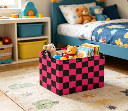 Image of Rectangular Kids Basket Baby Girl Basket Fabric Storage Bin Organizer Box Room Decor(Pink Black Checkered)