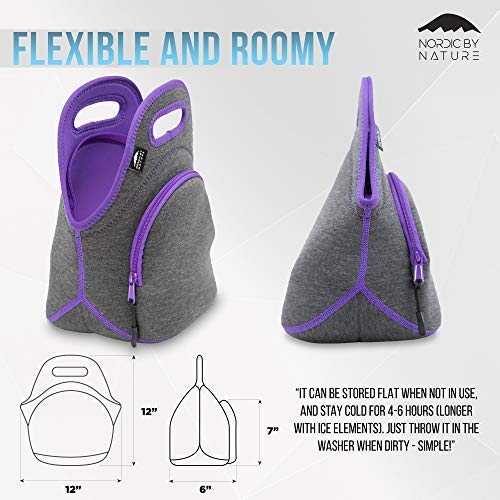 Nordic By Nature Neoprene Lunch Bag For Women & Lunch Tote For Kids Insulated Lunch Bag Reusable Washable Extra Thick Neoprene & Soft Cotton Feel, Premium Stitching, Outside Pocket, (M) Purple #TOP3
