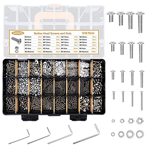 Leanking 1240PCS Hex Socket Button Head Cap Screws, M2 M3 M4 M5 Stainless Steel Screws Nuts Washers Assortment Kit with Allen Wrenches, Customized Portable Stackable Interlocking Case Storage
