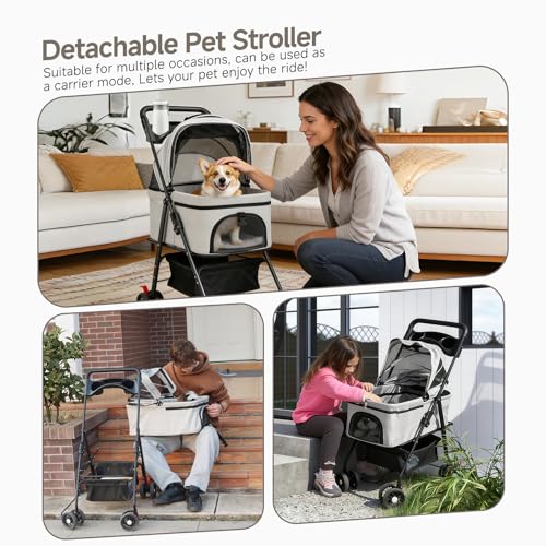 AODI Pet Stroller for Small Dogs and Cats with 4 Wheels, 3 in 1 Foldable Dog Stroller with Detachable Carrier, Breathable Mesh, Storage Basket & Cup Holder, Up to 33 lbs