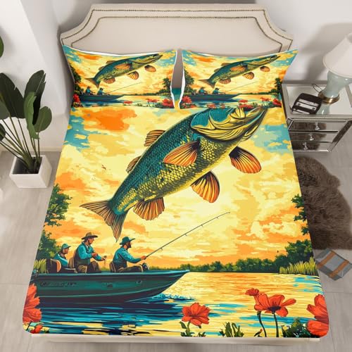 Erosebridal Bass Fishing Full Fitted Sheet,Fisherman and Fish Bedding Set for Kids Boys Girls,Big Pike Fish Bed Sheets,Lake House Rustic Country Bed Set 3Pcs Bedroom Decor (No Flat Sheet)