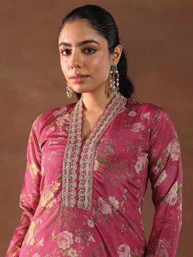 Image of Libas Womens Printed Silk Blend Straight Kurta With Palazzos and Dupatta | daily wear suit