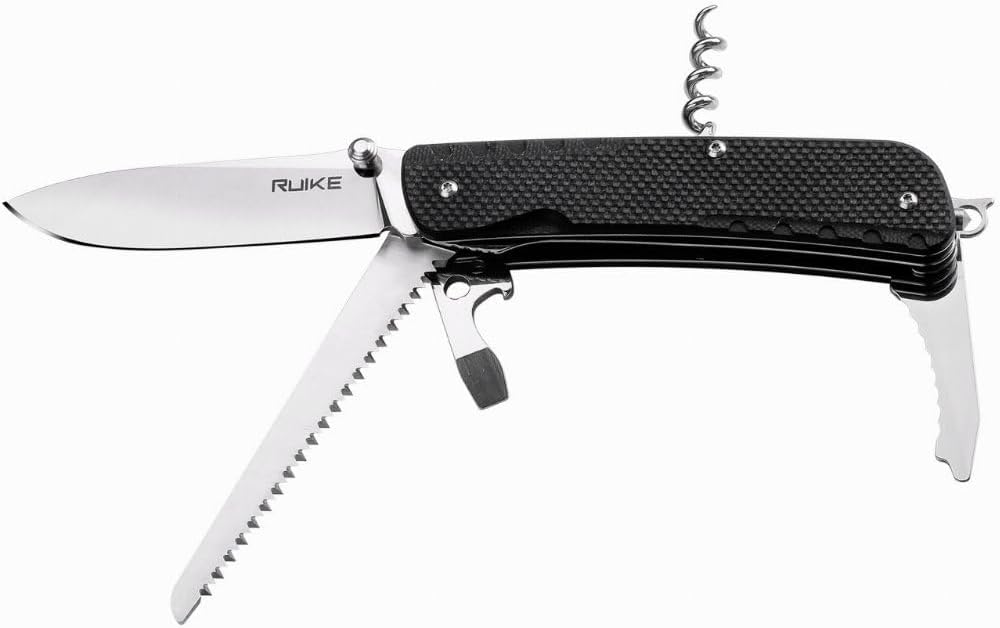 RUIKE LD32-B Black G10 Multi-Pocket Knife Folding 3" Mirror Blade & Saw