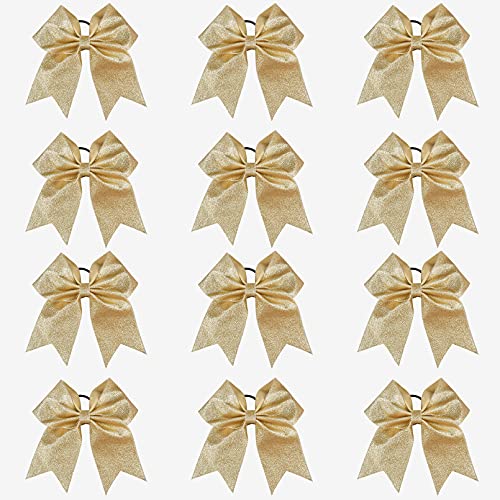 DEEKA 12 PCS 7" Large Glitter Cheer Bows Shiny Cheer Hair Bows Ponytail Holder Handmade for Cheerleader Girls Softball Sports -Gold