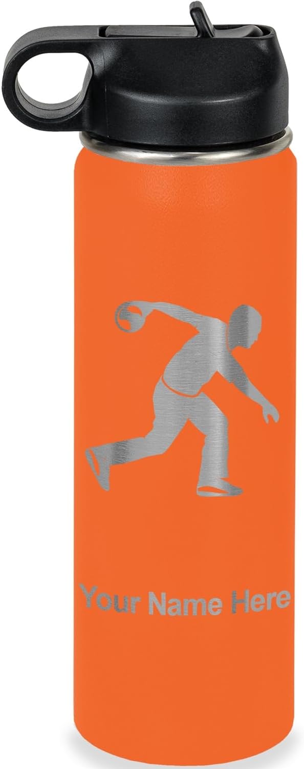 LaserGram Personalized Water Bottle, Bowler Bowling, Stainless Steel Double Wall Vacuum Insulated with Flip Top Straw, Custom Engraved Gift (20oz / 590ml Orange)