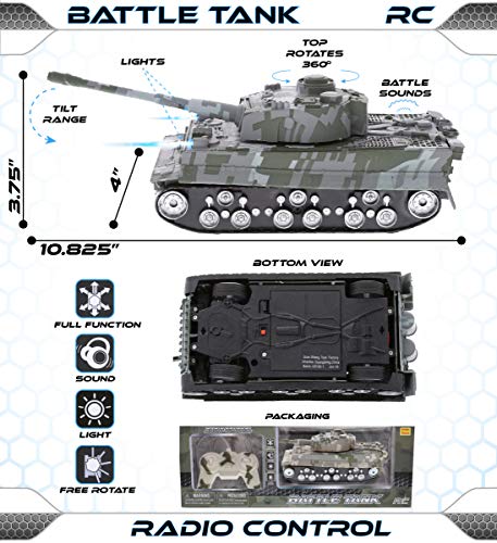 Mozlly Army RC Tank Toy with Lights and Battle Sounds - Remote Control Toy Tank with Rotating Turret, Cool Realistic RC Military Tank Model Car, RC Vehicles for Kids