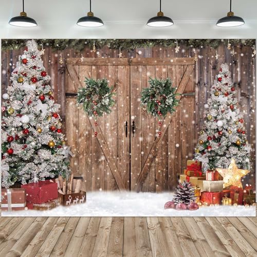 Felortte 7x5FT Polyester Fabric Winter Christmas Rustic Barn Wood Door Photography Backdrop - Image 3