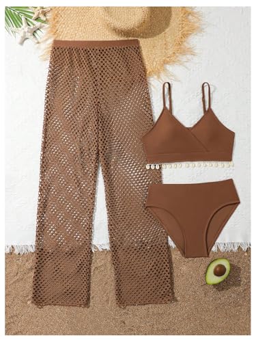 SweatyRocks Girl's 3 Piece Swimsuit Fringe High Waist Bathing Suit with Beach Cover Up Pants3