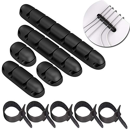 Juego de pinzas para cables de silicona de alta calidad, 5 unidades, 2 funciones, soporte para cables con 5 unidades, cierre de velcro, organizador para escritorio, cable de red, cable de carga USB, cargador, cable de audio, Negro